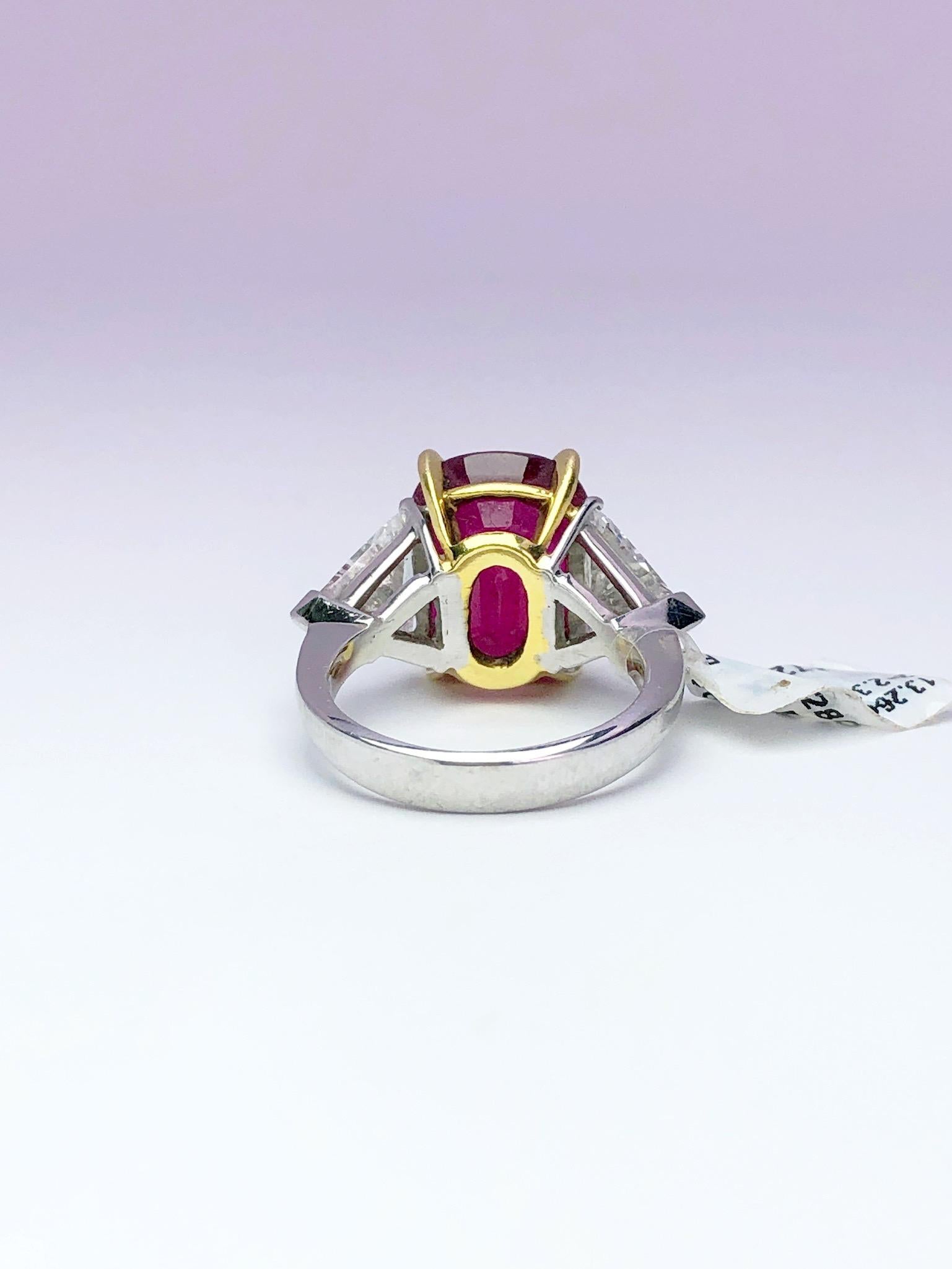 Cellini 13.26CT Cushion Burmese Ruby Three-Stone Ring with 2.37 Carat Diamonds For Sale 1