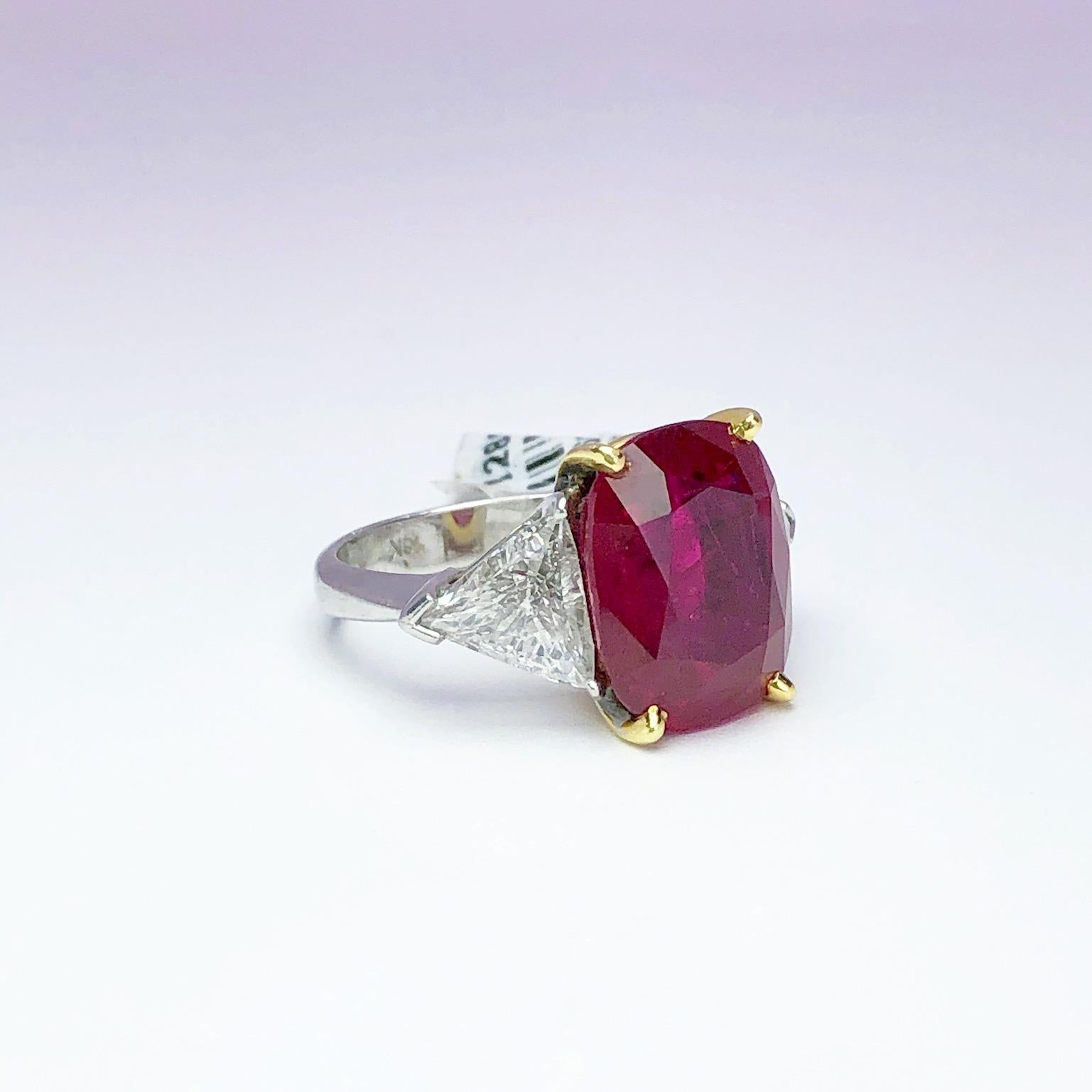 Contemporary Cellini 13.26CT Cushion Burmese Ruby Three-Stone Ring with 2.37 Carat Diamonds For Sale