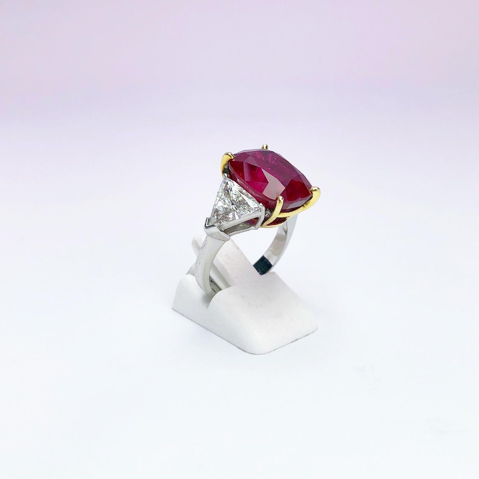 Cushion Cut Cellini 13.26CT Cushion Burmese Ruby Three-Stone Ring with 2.37 Carat Diamonds For Sale