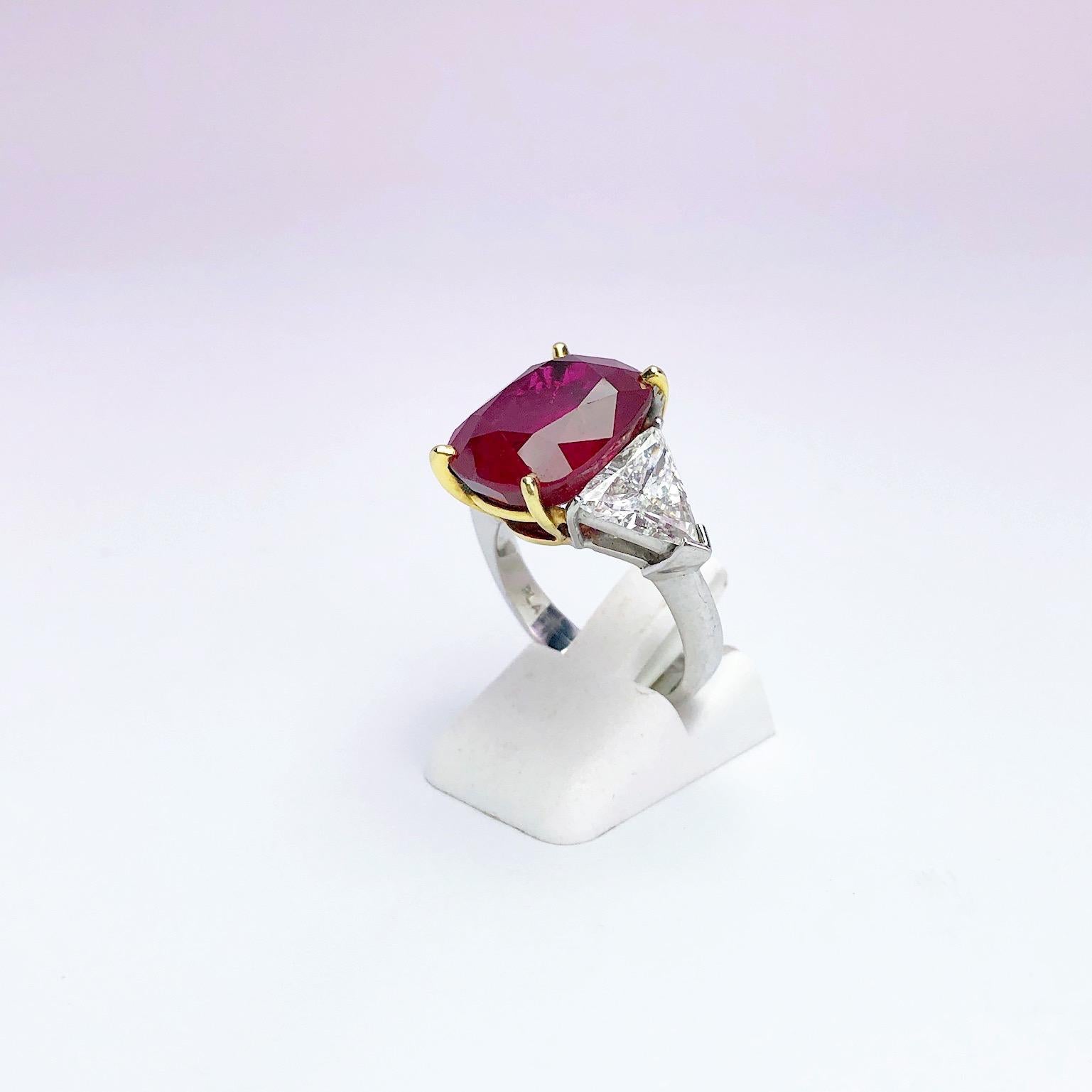 Women's or Men's Cellini 13.26CT Cushion Burmese Ruby Three-Stone Ring with 2.37 Carat Diamonds For Sale