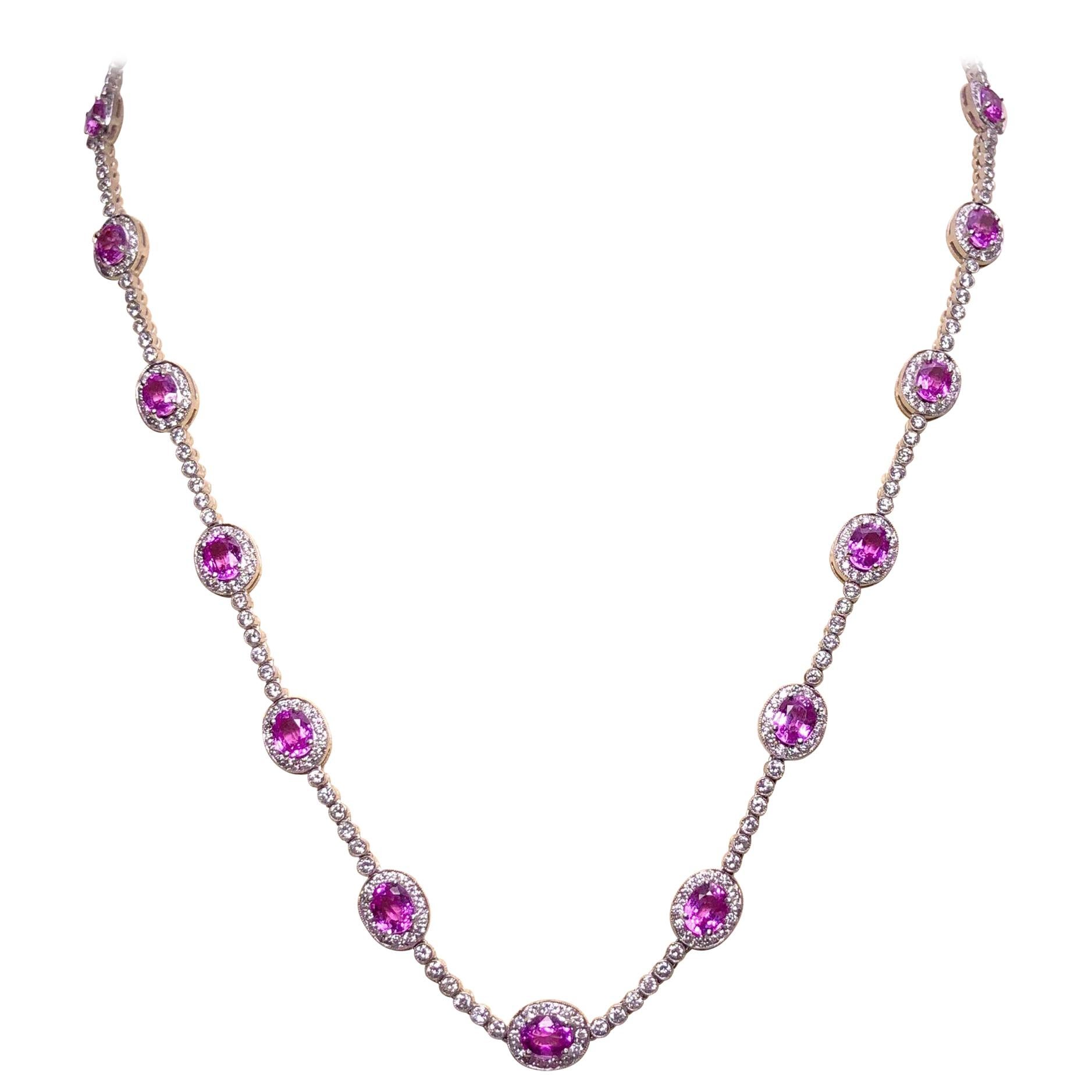 Cellini 18 Karat Gold, 10.28 Carat Pink Sapphire and 4.29 Carat Diamond Necklace