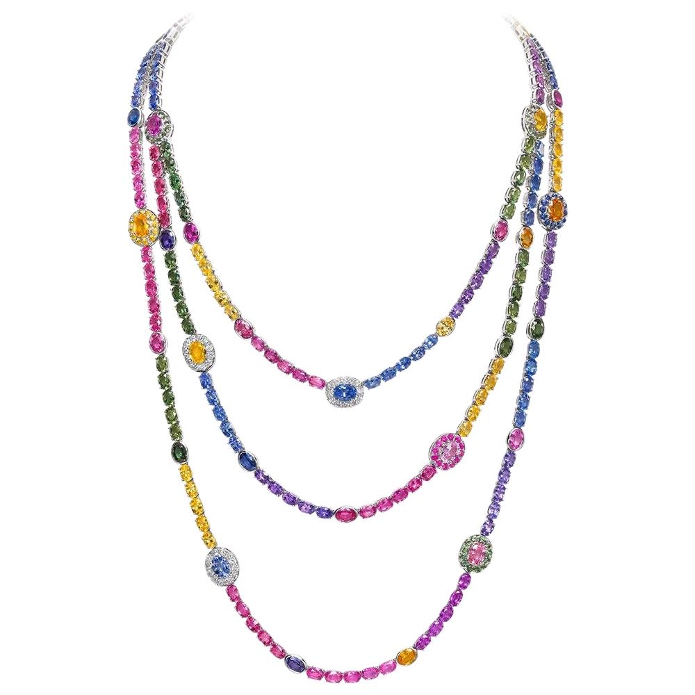 Cellini 18 Karat Gold, 149.5 Carat Rainbow Sapphire and Diamond 3-Row Necklace
