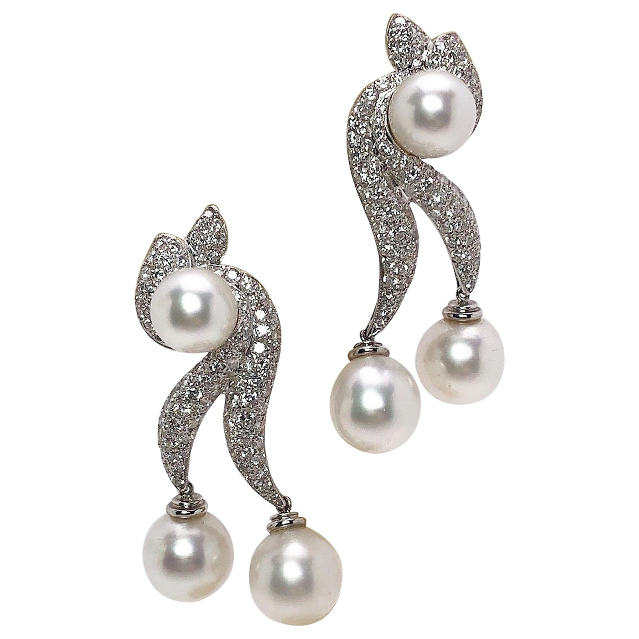 Cellini 18 Karat Gold, 4.59 Carat Diamond and South Sea Pearls Drop Earrings For Sale
