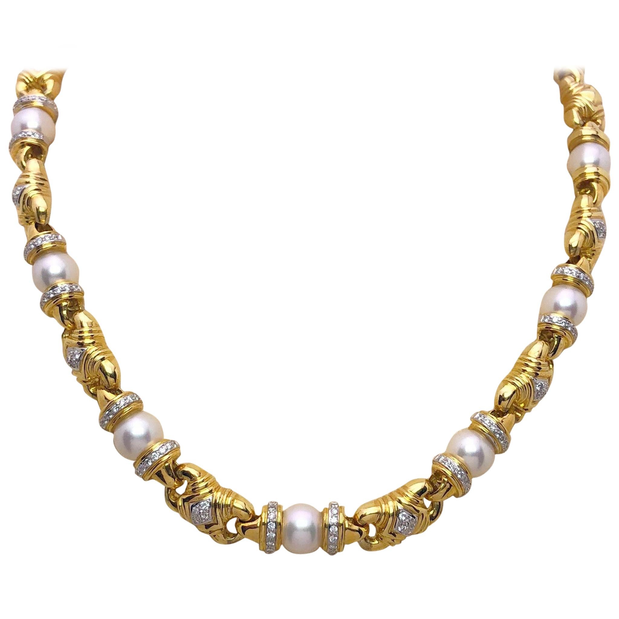 Cellini 18 Karat Gold and Cultured Pearl Necklace with 1.98 Carat of Diamonds