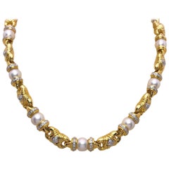 Cellini 18 Karat Gold and Cultured Pearl Necklace with 1.98 Carat of Diamonds