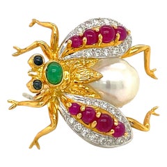 Retro Cellini 18 Karat Gold Bee Brooch with Diamonds, Gem Stones and South Sea Pearl