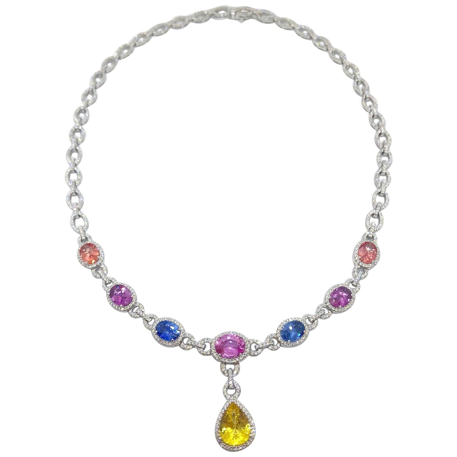 Cellini 18 Karat Gold Diamond & 13.38 Carat Multicolored Sapphire Drop Necklace