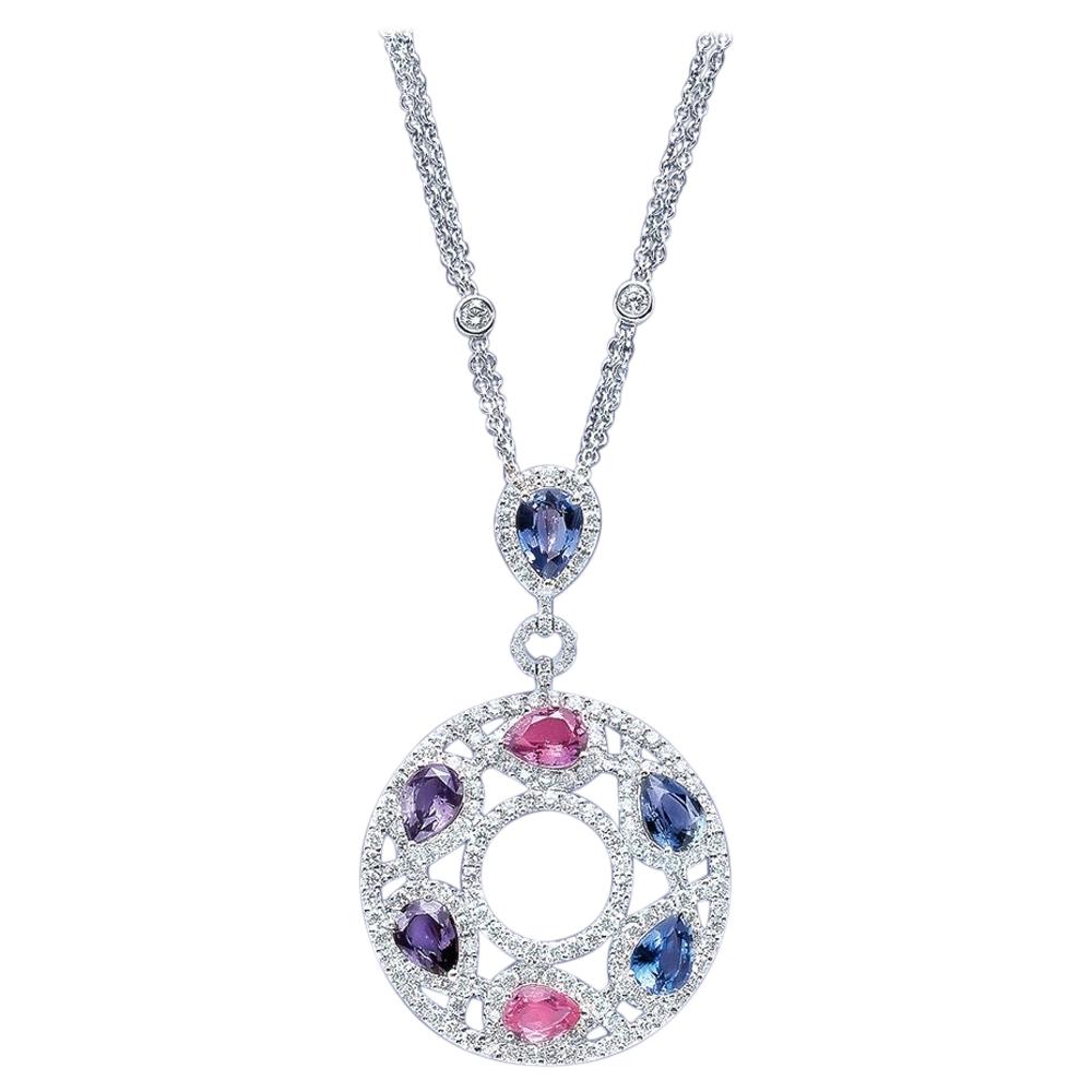 Cellini 18 Karat Gold & Diamond Pendant with Pear Shaped Multicolored Sapphires