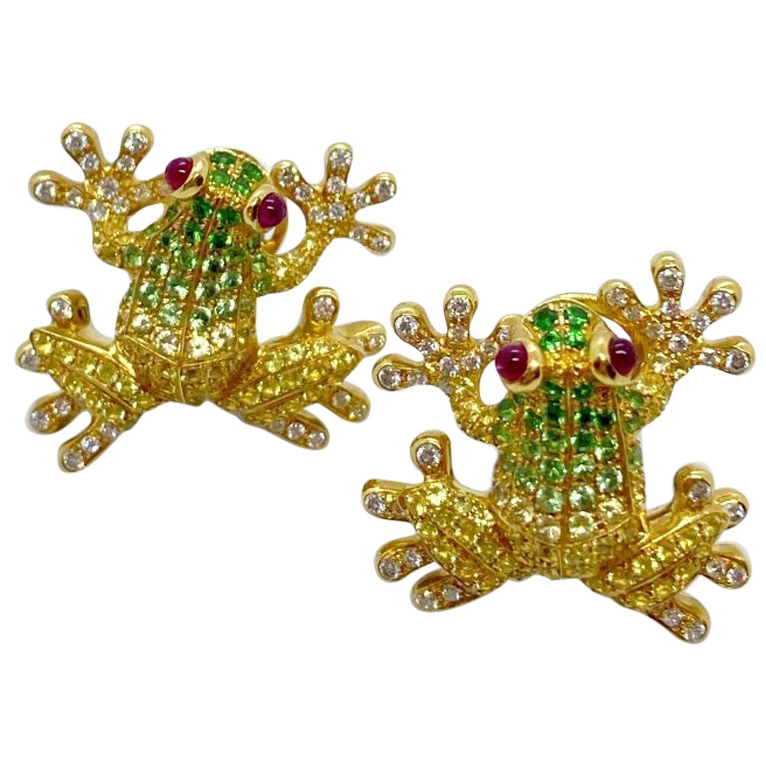 Cellini 18 Karat Gold, Diamond, Yellow Sapphires and Tsavorite Frog Earrings