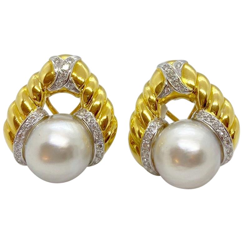 Cellini 18 Karat Gold Earrings with South Sea Pearls and 1.10 Carat Diamonds
