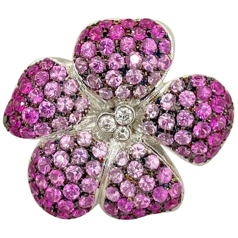 Cellini 18 Karat Gold Flower Brooch, 4.50Ct. Pink Sapphires & .15 Carat Diamonds For Sale