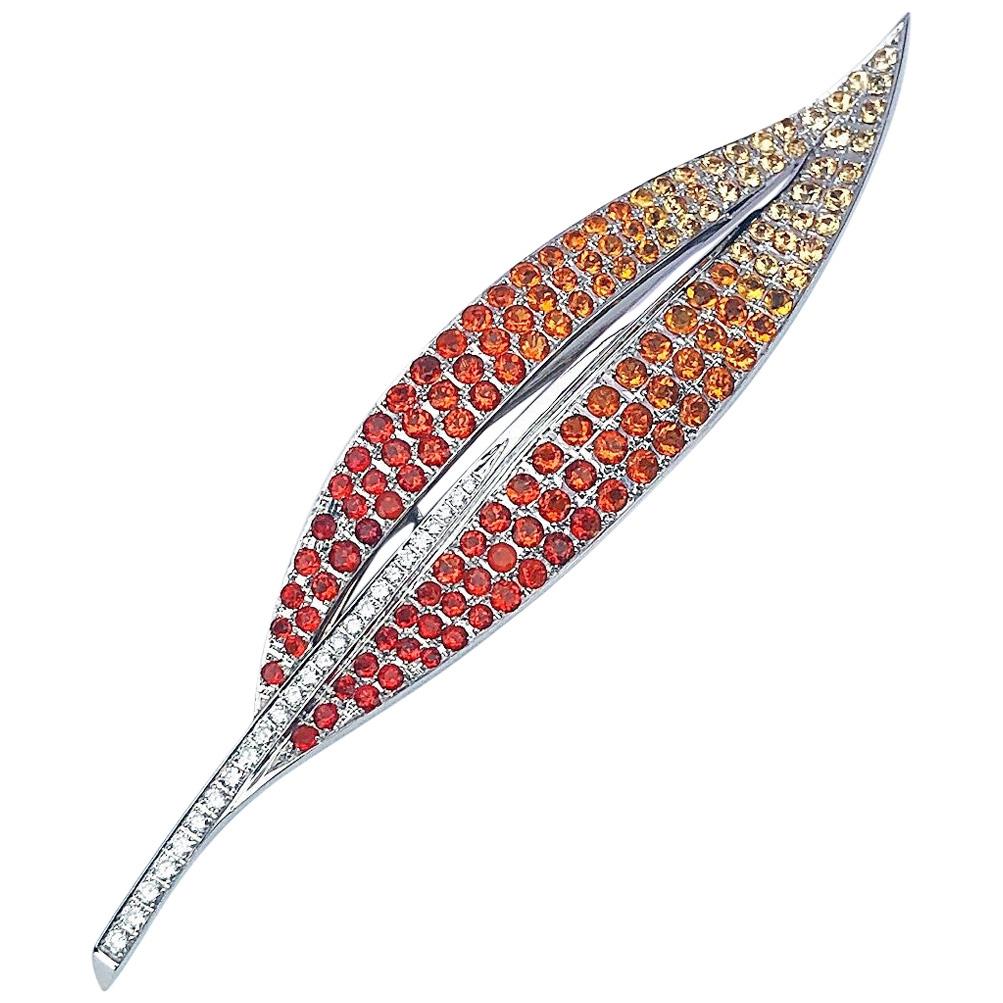 Cellini 18 Karat Gold Leaf Brooch with Fire Opals, Yellow Sapphires and Diamonds For Sale