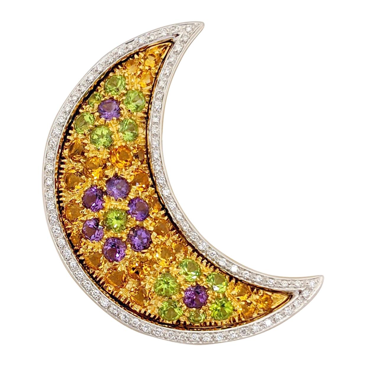 Cellini 18 Karat Gold Moon Pendant/Brooch, Diamonds and Multicolored Gems For Sale