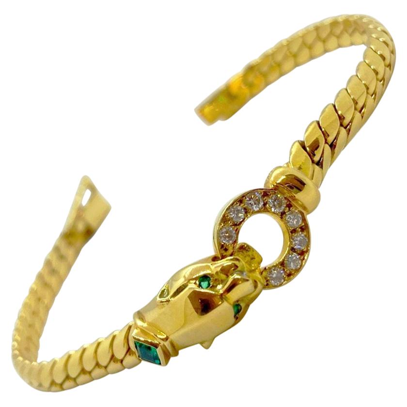 Cellini 18 Karat Gold Panther Head Bracelet with .32 Carat Diamonds and Emeralds For Sale