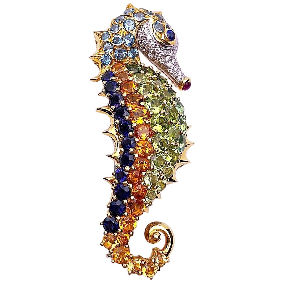Cellini 18 Karat Gold Seahorse Brooch with Diamonds and Semi-Precious Stones
