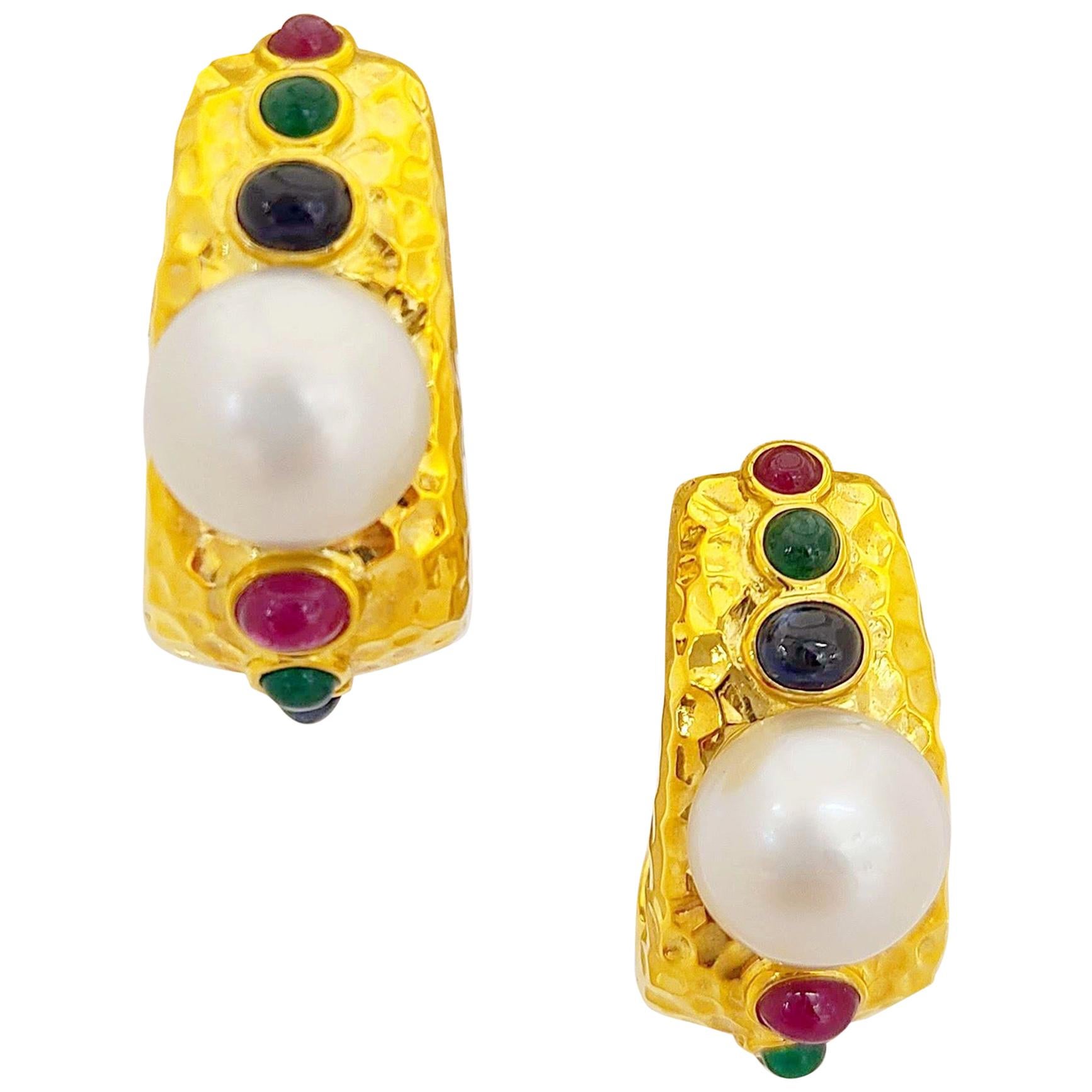 Cellini 18 Karat Gold South Sea Pearl and Gem Stone Hammered Hoop Earrings For Sale