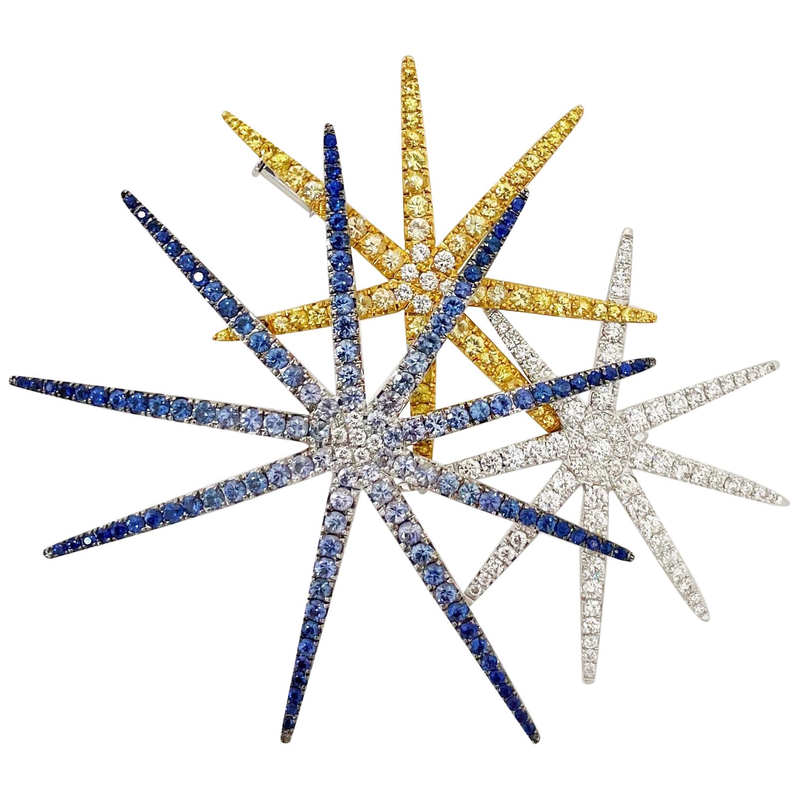 Cellini 18 Karat WG, Feuerwerksbrosche mit blauen & gelben Saphiren und Diamanten im Angebot
