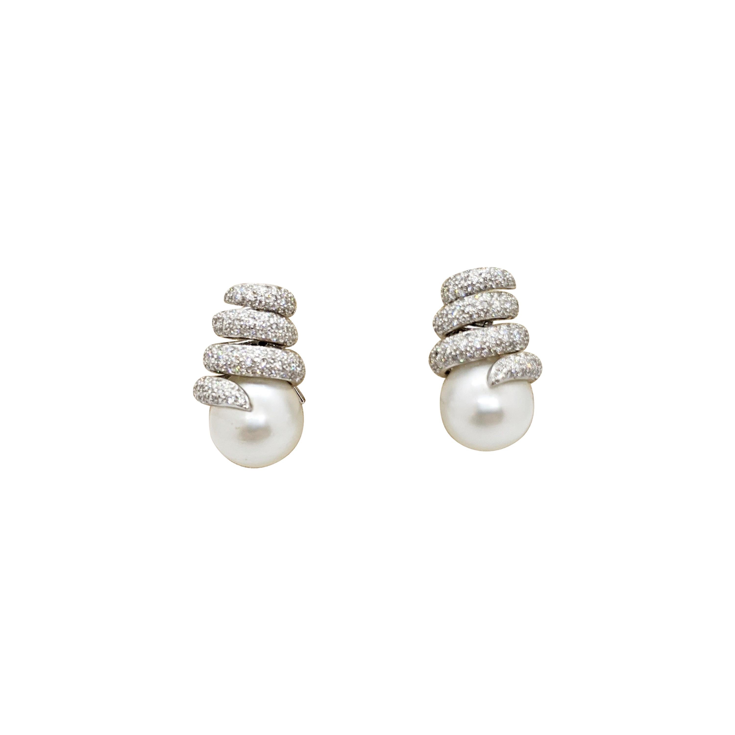 Cellini 18 Karat White Gold, 2.12 Carat Diamond and South Sea Pearls Earrings