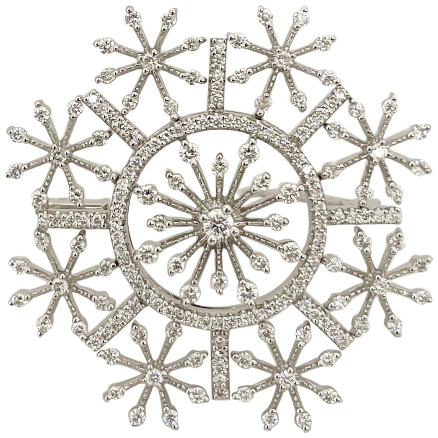 Cellini 18 Karat White Gold and 1.51 Carat Diamond Micro Pave Snowflake Brooch For Sale