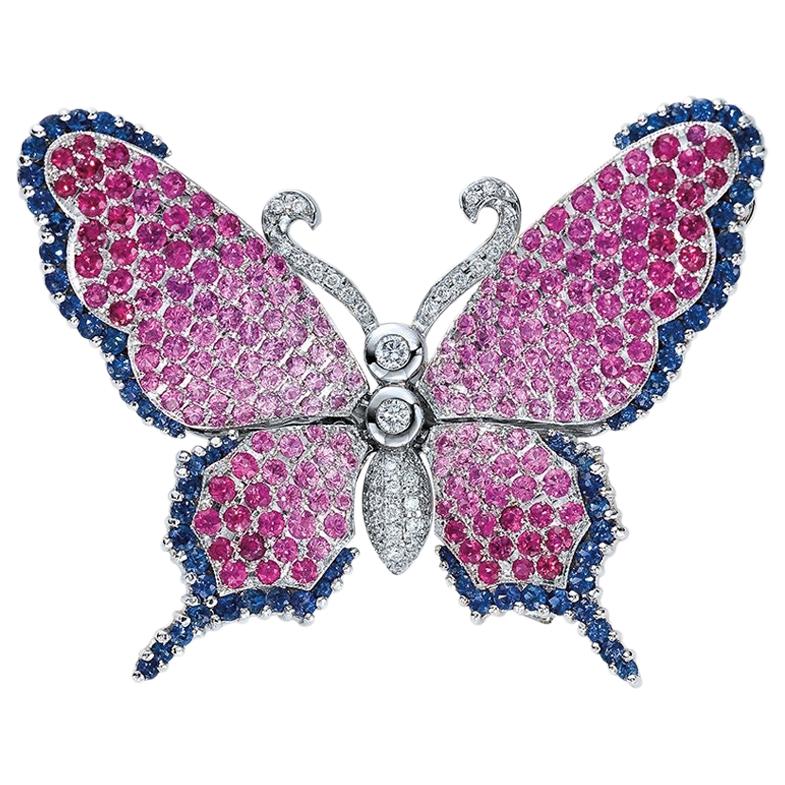 Cellini 18 Karat White Gold, Diamond, Pink and Blue Sapphire Butterfly Brooch For Sale