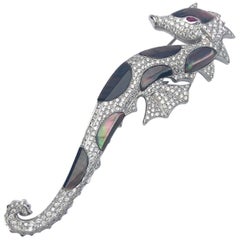 Cellini 18 Karat White Gold Seahorse Brooch, Diamonds and Black Mother of Pearl