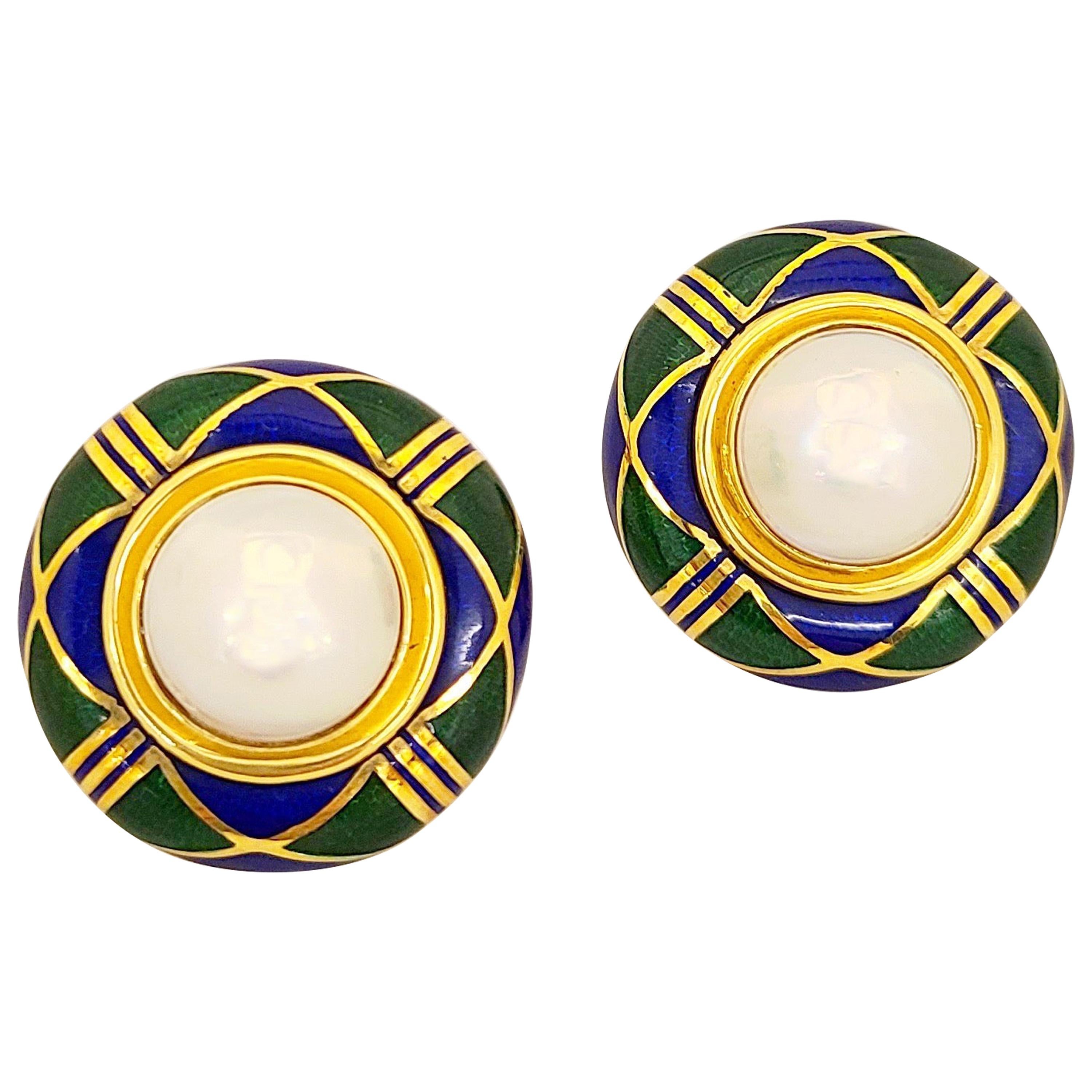 Cellini 18 Karat Yellow Gold Enamel Earrings with Mabe Pearl Centers