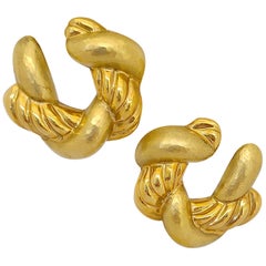 Cellini 18 Karat Yellow Gold Hammered/ Hi-Polished Braided Hoop Earrings