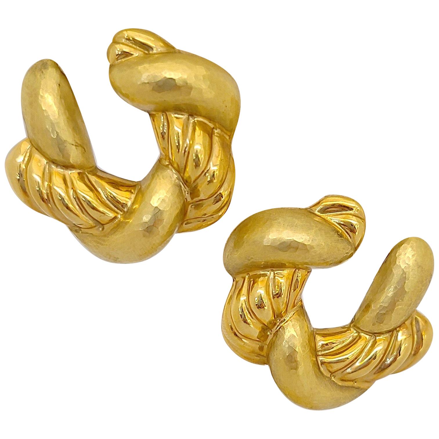 Cellini 18 Karat Yellow Gold Hammered/ Hi-Polished Braided Hoop Earrings