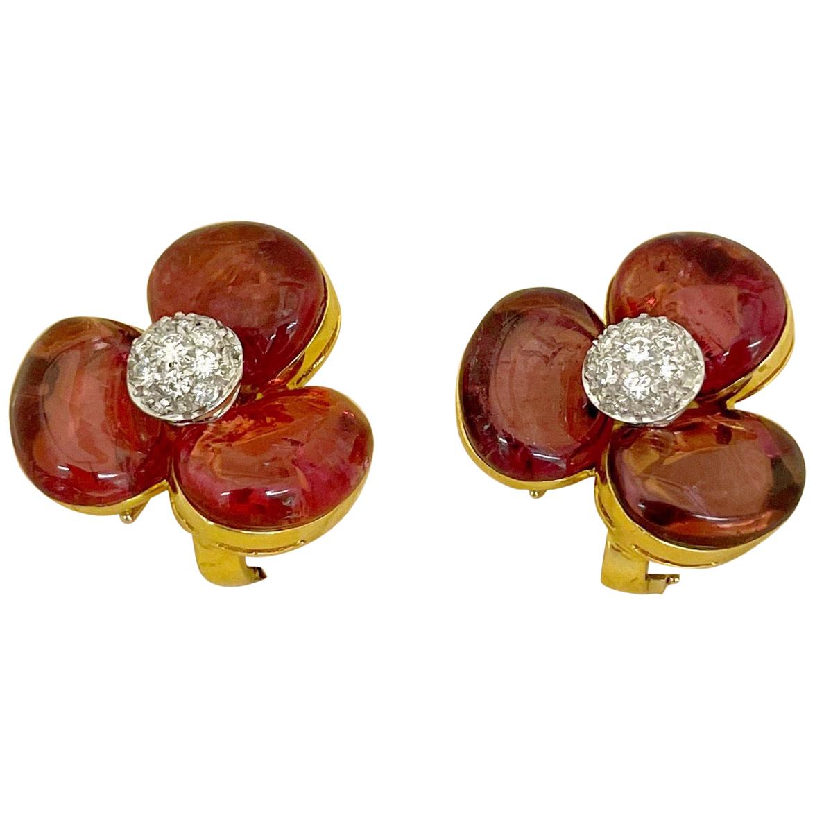 Cellini 18 Karat Yellow Gold Pink Tourmaline and .40 Carat 3 Petal Earrings For Sale