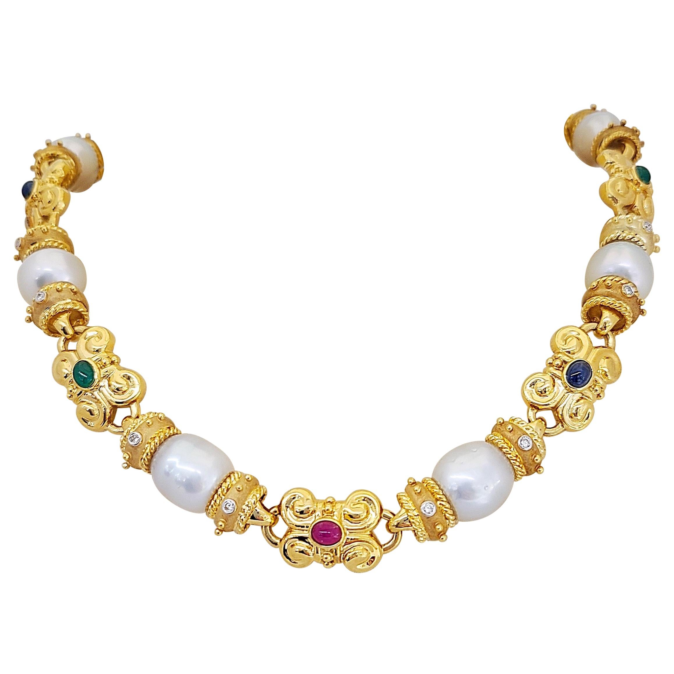 Cellini Halskette aus 18 Karat Gelbgold mit Südseeperlen, Diamanten und Edelsteinen