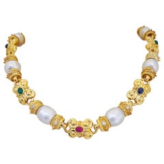 Collar Cellini de Oro Amarillo de 18 Kilates con Perlas del Mar del Sur, Diamantes y Piedras Preciosas