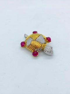 Cellini 18 Karat Yellow & White Gold Turtle Brooch with 2.08CT Rubies & Diamonds