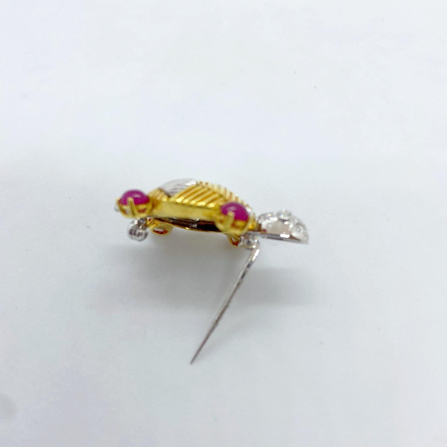 Round Cut Cellini 18 Karat Yellow & White Gold Turtle Brooch with 2.08CT Rubies & Diamonds For Sale
