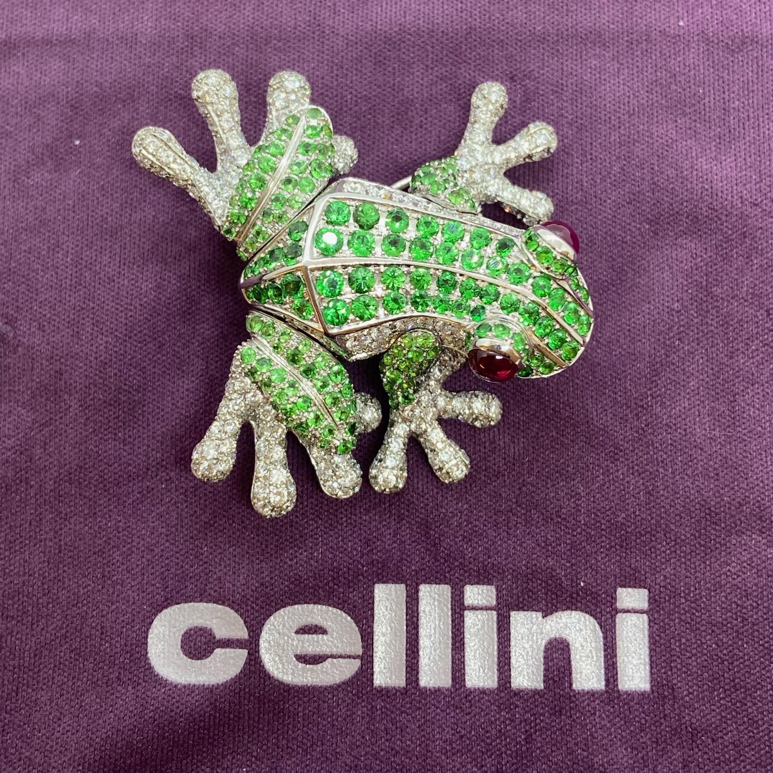 Cellini 18 Karat White Gold Jumping Frog Brooch with Tsavorites and Diamonds For Sale 1