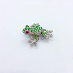 Cellini 18 Karat White Gold Jumping Frog Brooch with Tsavorites and Diamonds