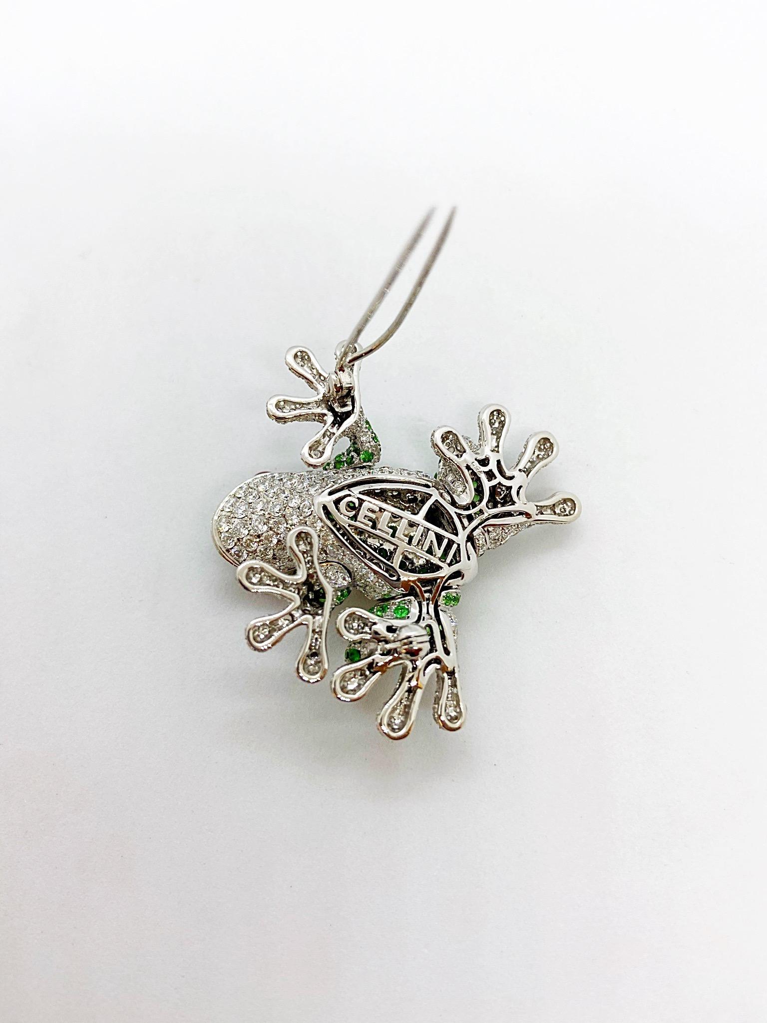 Round Cut Cellini 18 Karat White Gold Jumping Frog Brooch with Tsavorites and Diamonds For Sale