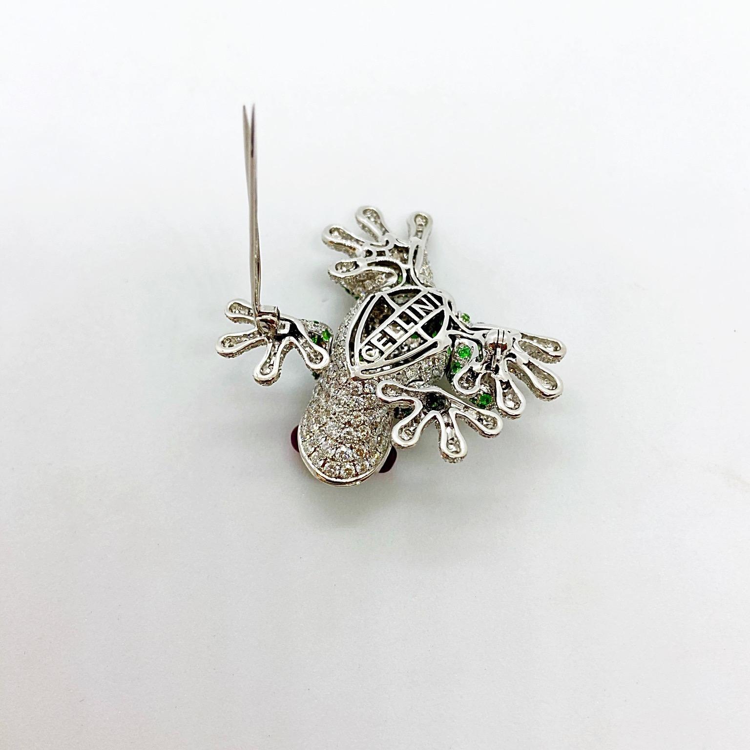 Women's or Men's Cellini 18 Karat White Gold Jumping Frog Brooch with Tsavorites and Diamonds For Sale