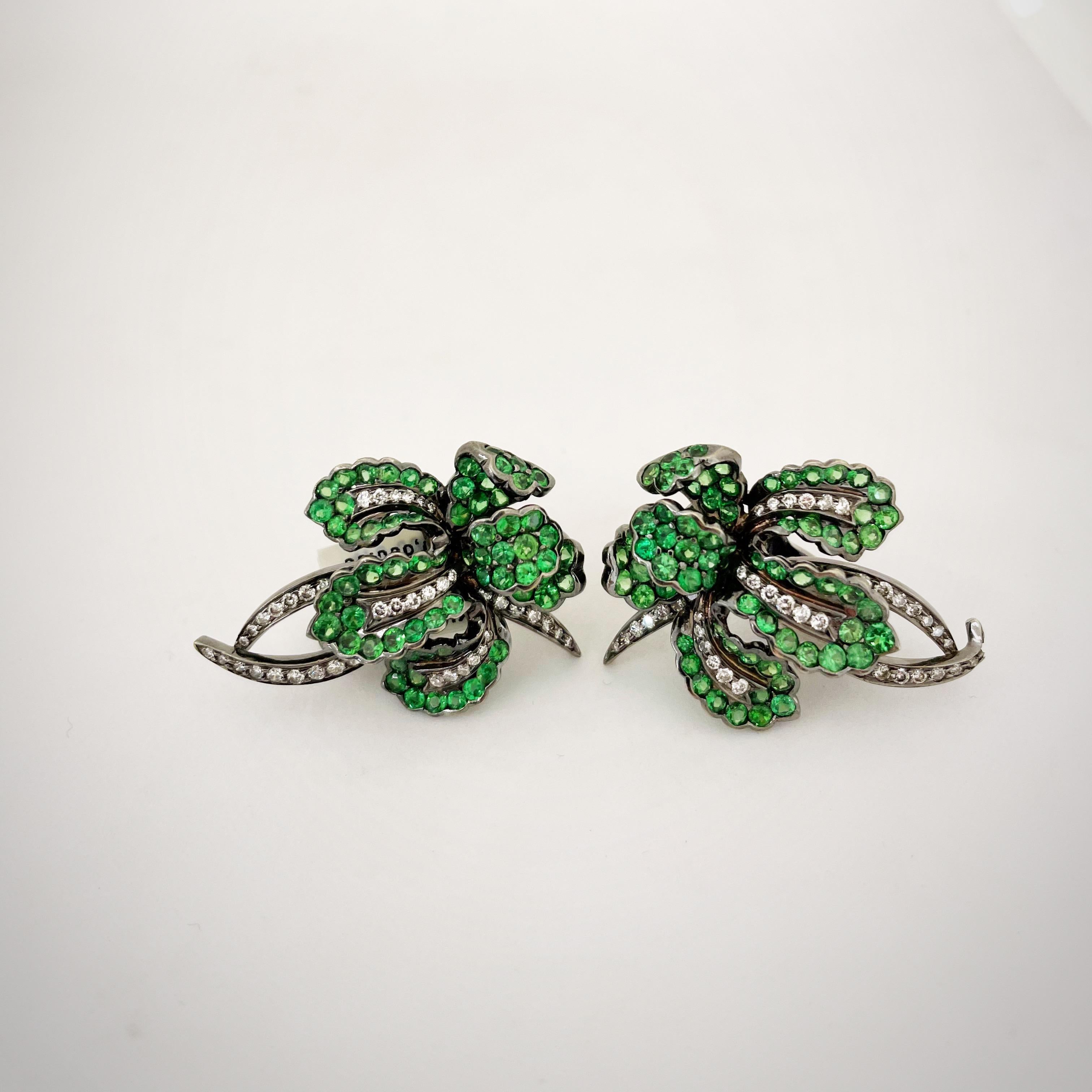 Contemporary Cellini 18kt Blackened Gold 1.10ct Diamond and 6.85ct Tsavorite Orchid Earrings For Sale