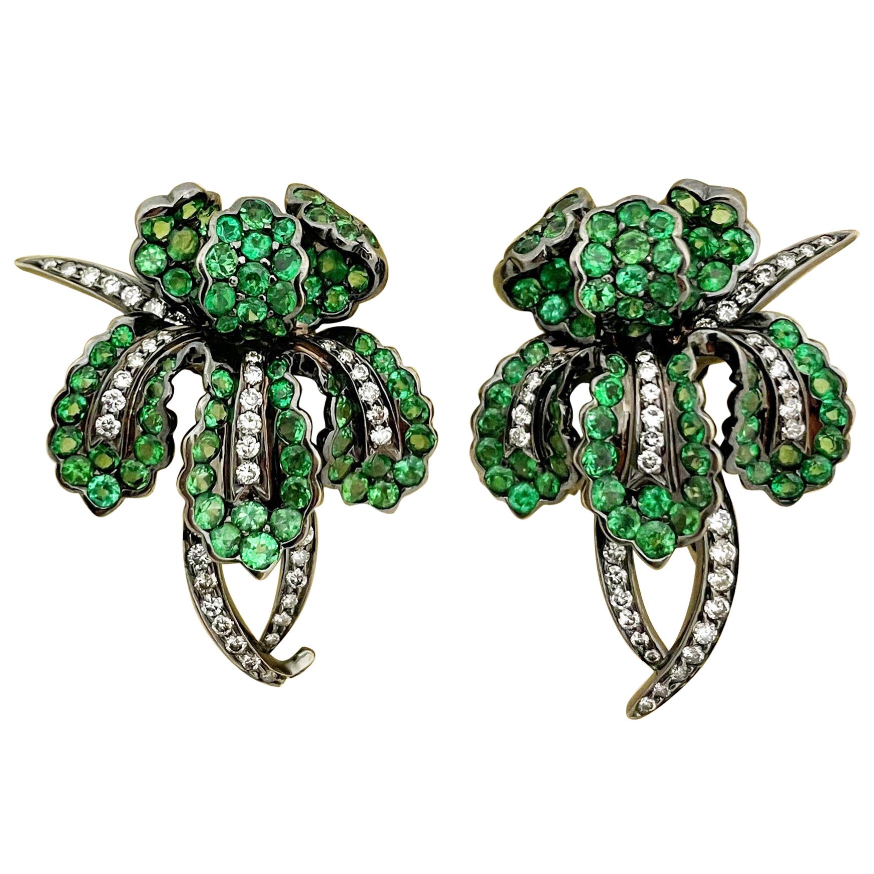 Cellini 18kt Blackened Gold 1.10ct Diamond and 6.85ct Tsavorite Orchid Earrings For Sale