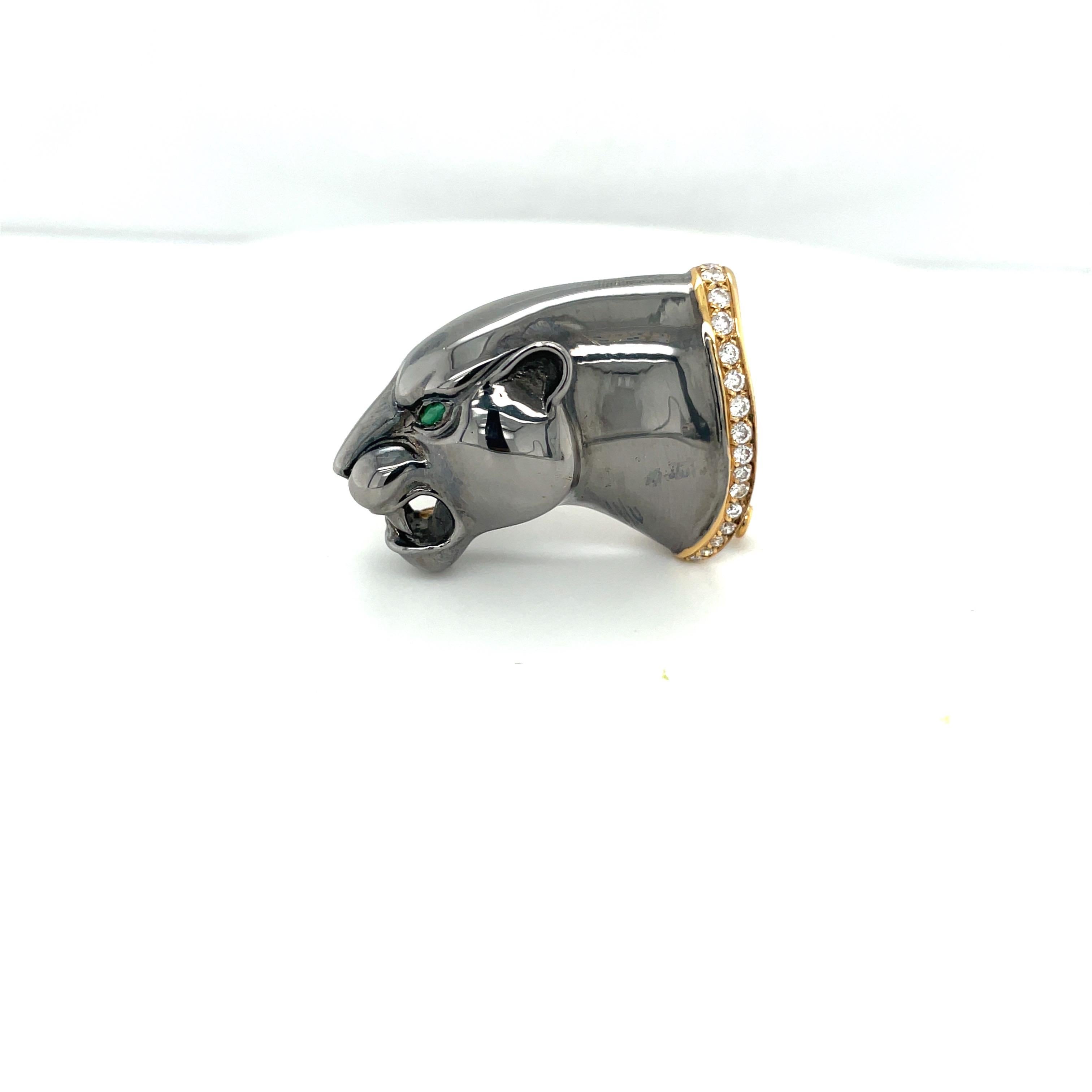 Round Cut Cellini 18KT Blackened Gold Panther Brooch with Diamond 0.30Ct and Emerald For Sale