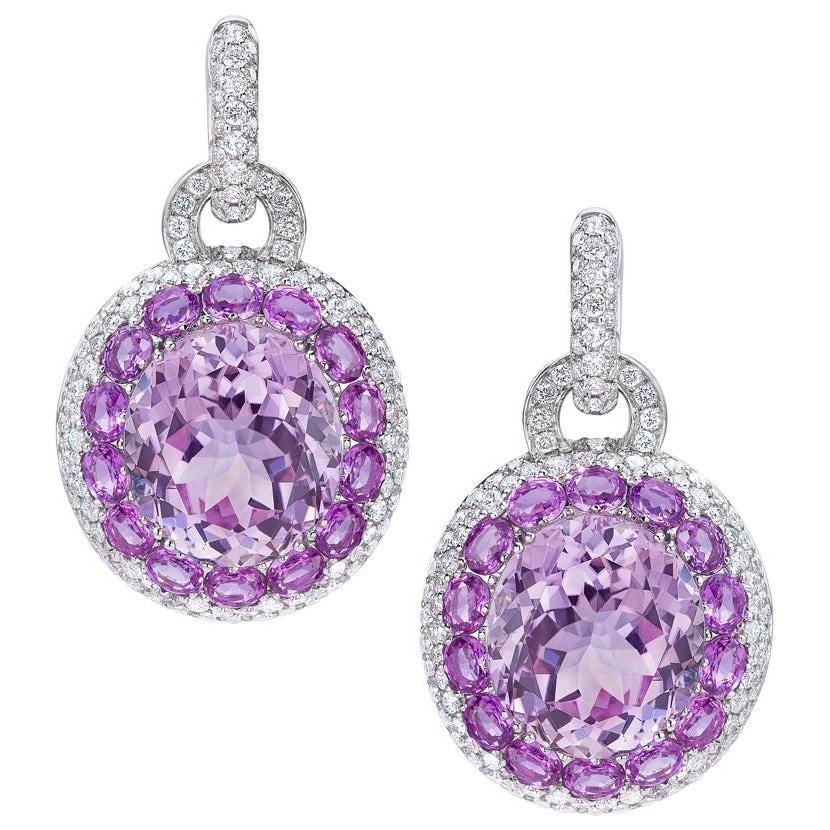 Cellini 18KT Gold, 22.61Ct. Kunzite, 4.65Ct. Sapphire & 3.07Ct. Diamond Earrings For Sale