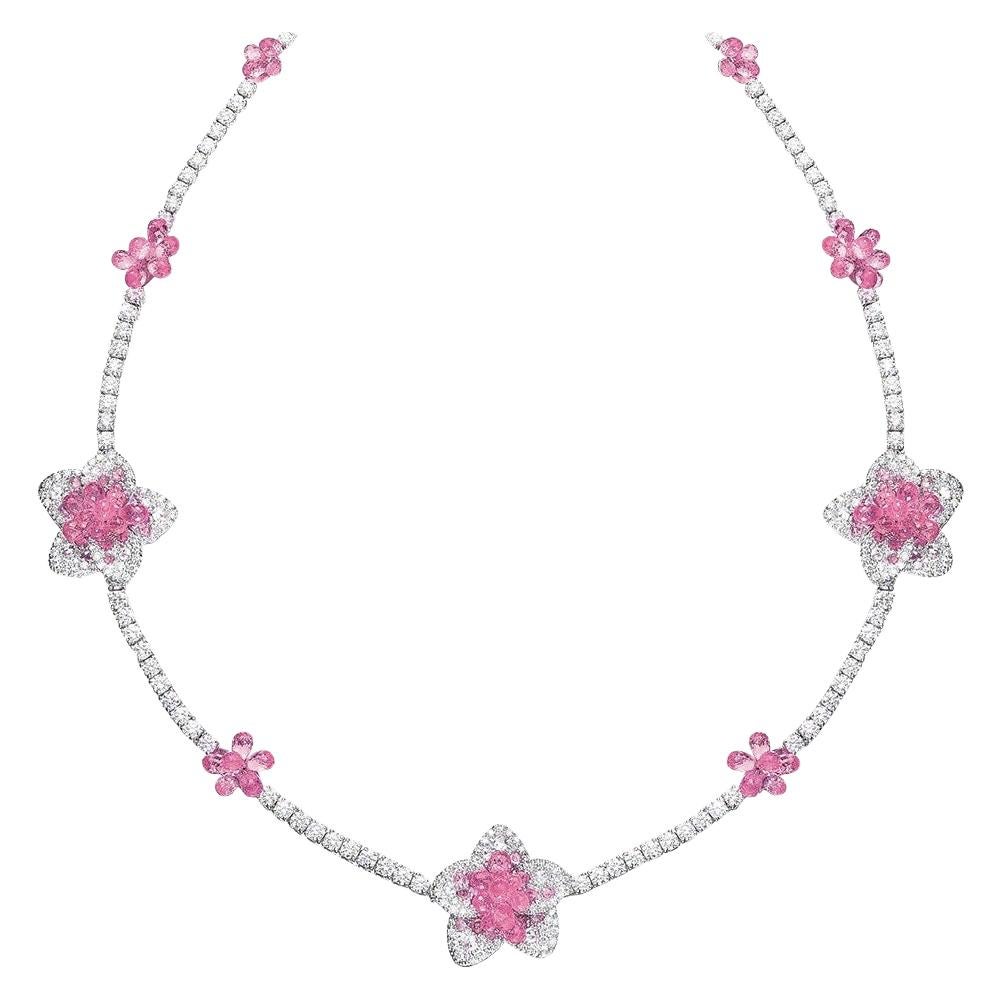 Cellini 18KT Gold 37.55 Carat Pink Sapphire Briolette & Diamond Flower Necklace