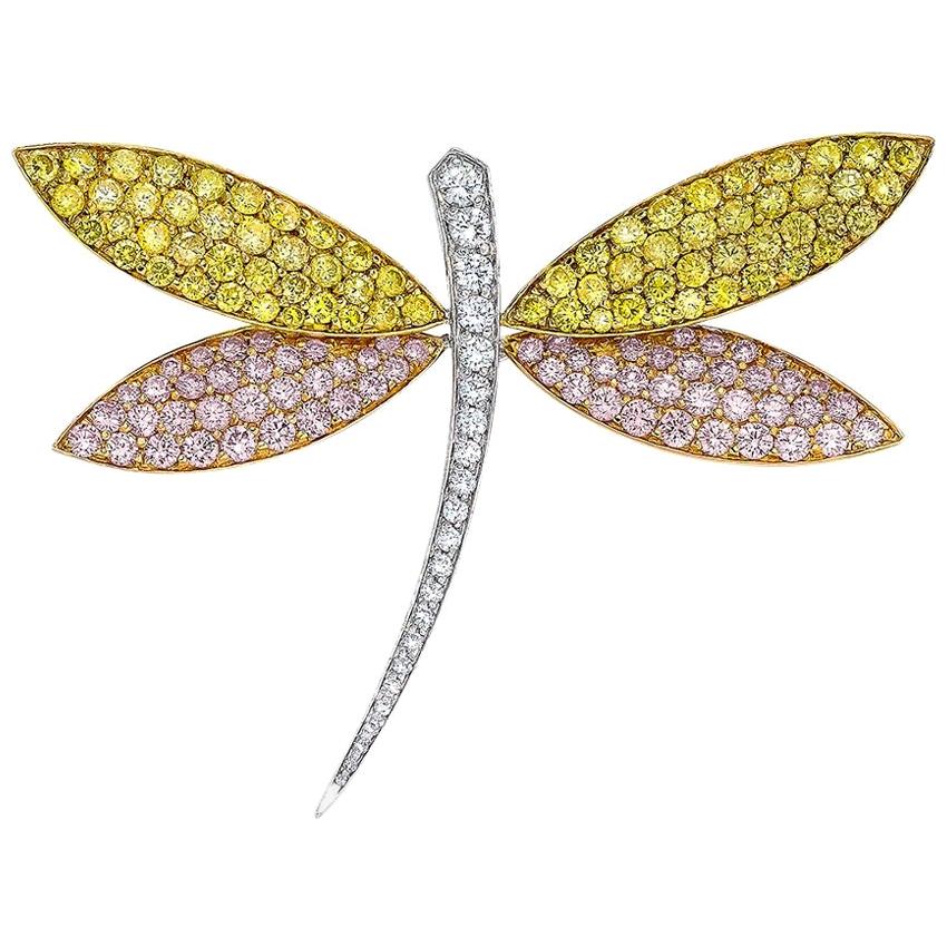 Cellini 18KT Gold Dragonfly Brooch with Natural Pink, Yellow and White Diamonds