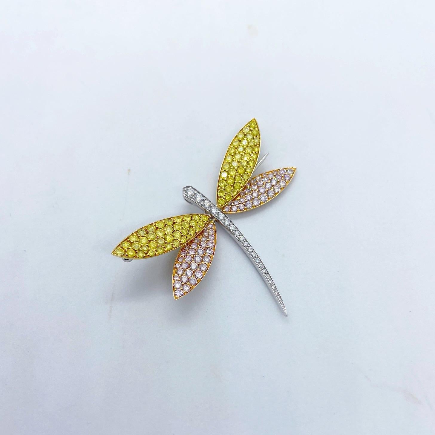 Contemporary Cellini 18KT Gold Dragonfly Brooch with Natural Pink, Yellow and White Diamonds