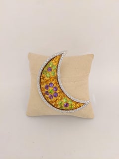 Cellini 18 Karat Gold Moon Pendant/Brooch, Diamonds and Multicolored Gems