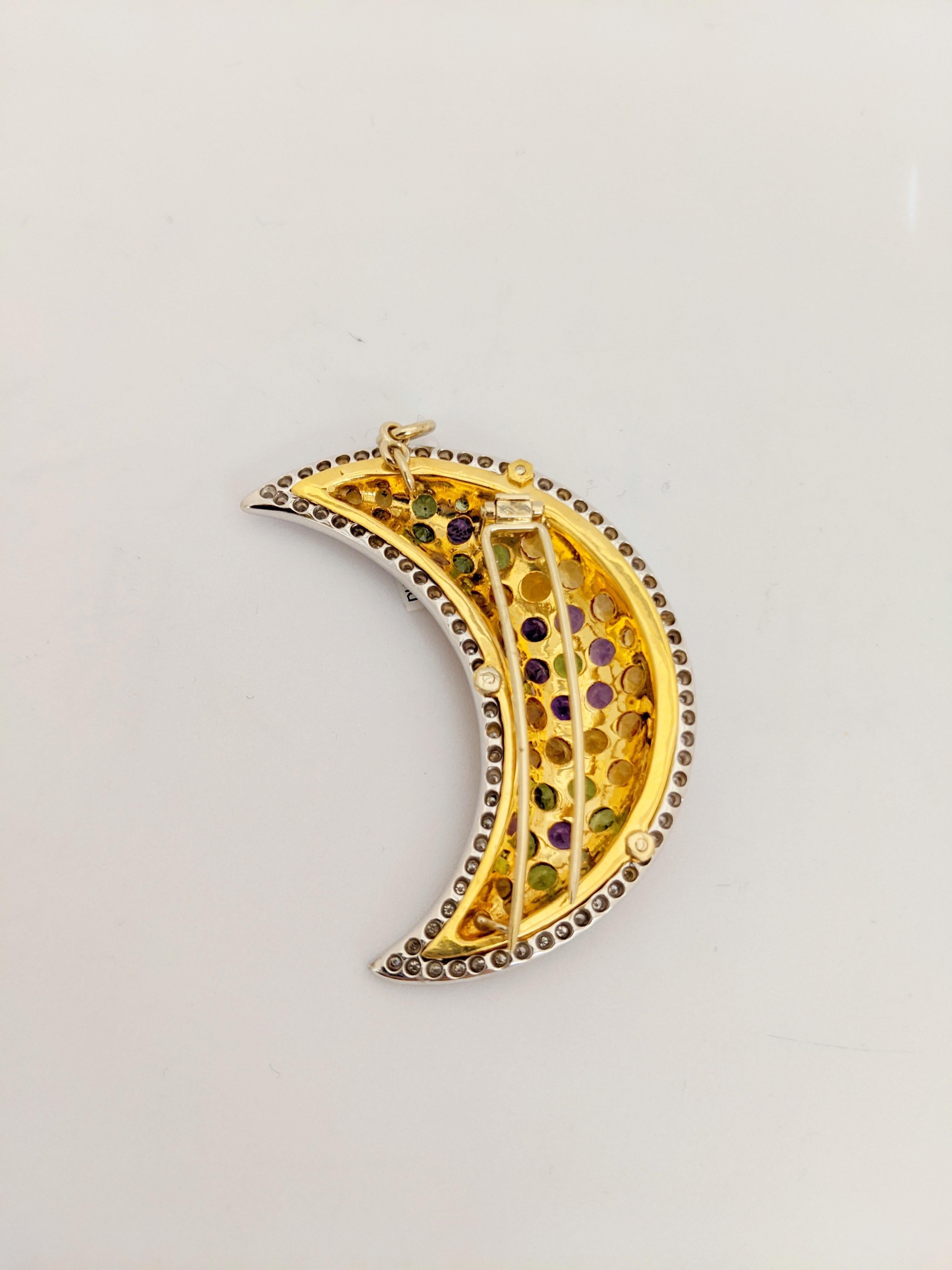 Round Cut Cellini 18 Karat Gold Moon Pendant/Brooch, Diamonds and Multicolored Gems For Sale