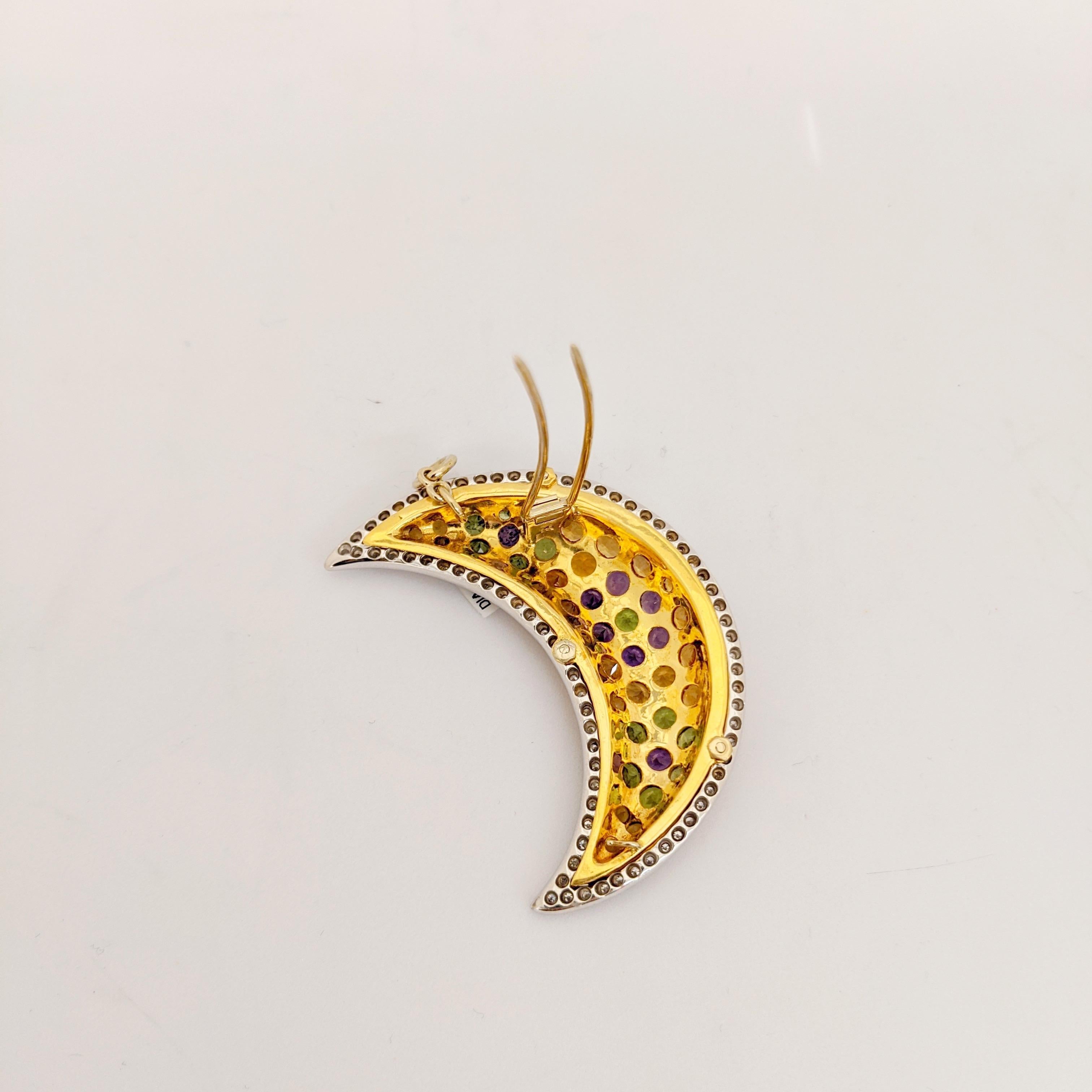 Cellini 18 Karat Gold Moon Pendant/Brooch, Diamonds and Multicolored Gems In New Condition For Sale In New York, NY