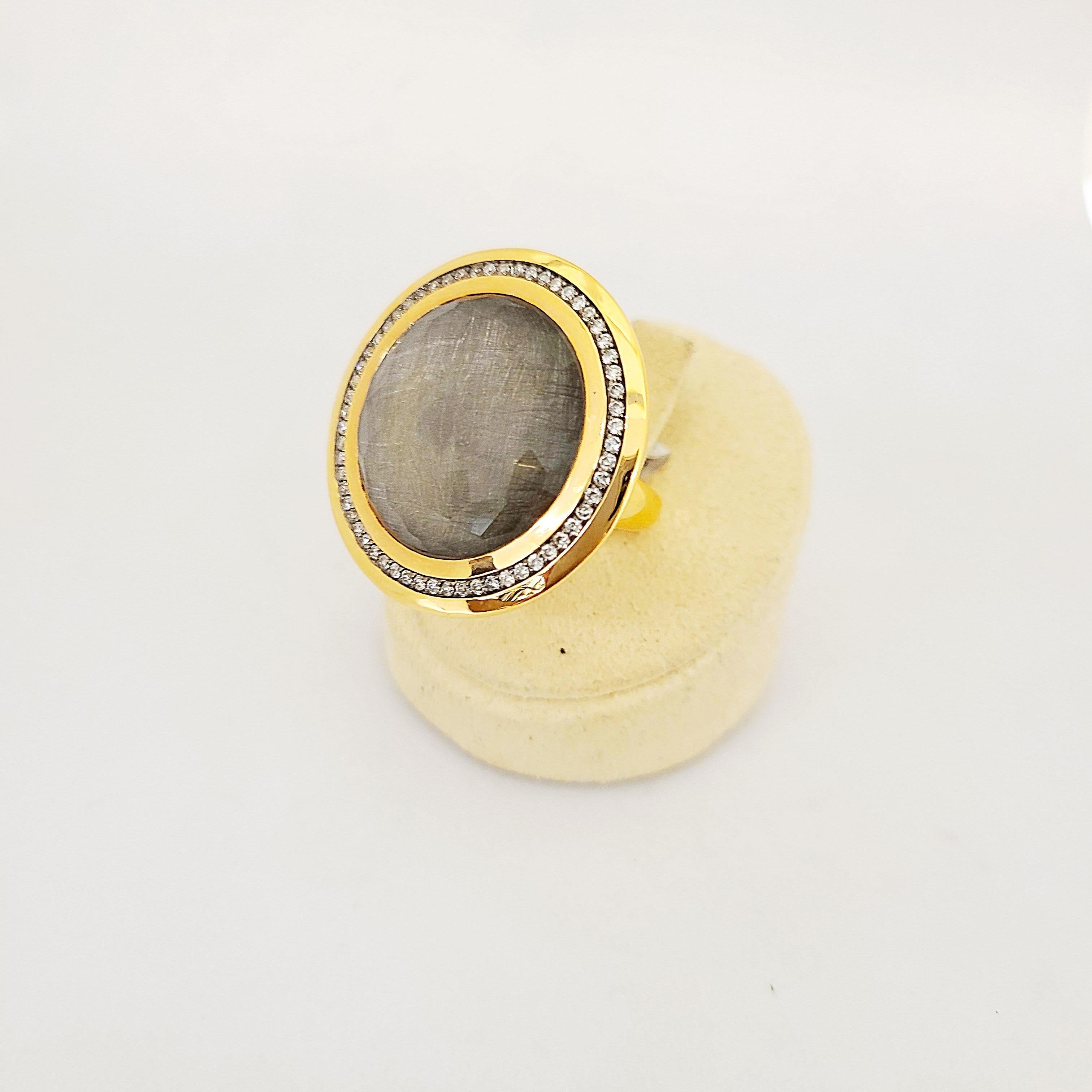 Cabochon Cellini 18Kt. Rose Gold, 15.93CT. White Quartz Circle and .57 Carat Diamond Ring For Sale