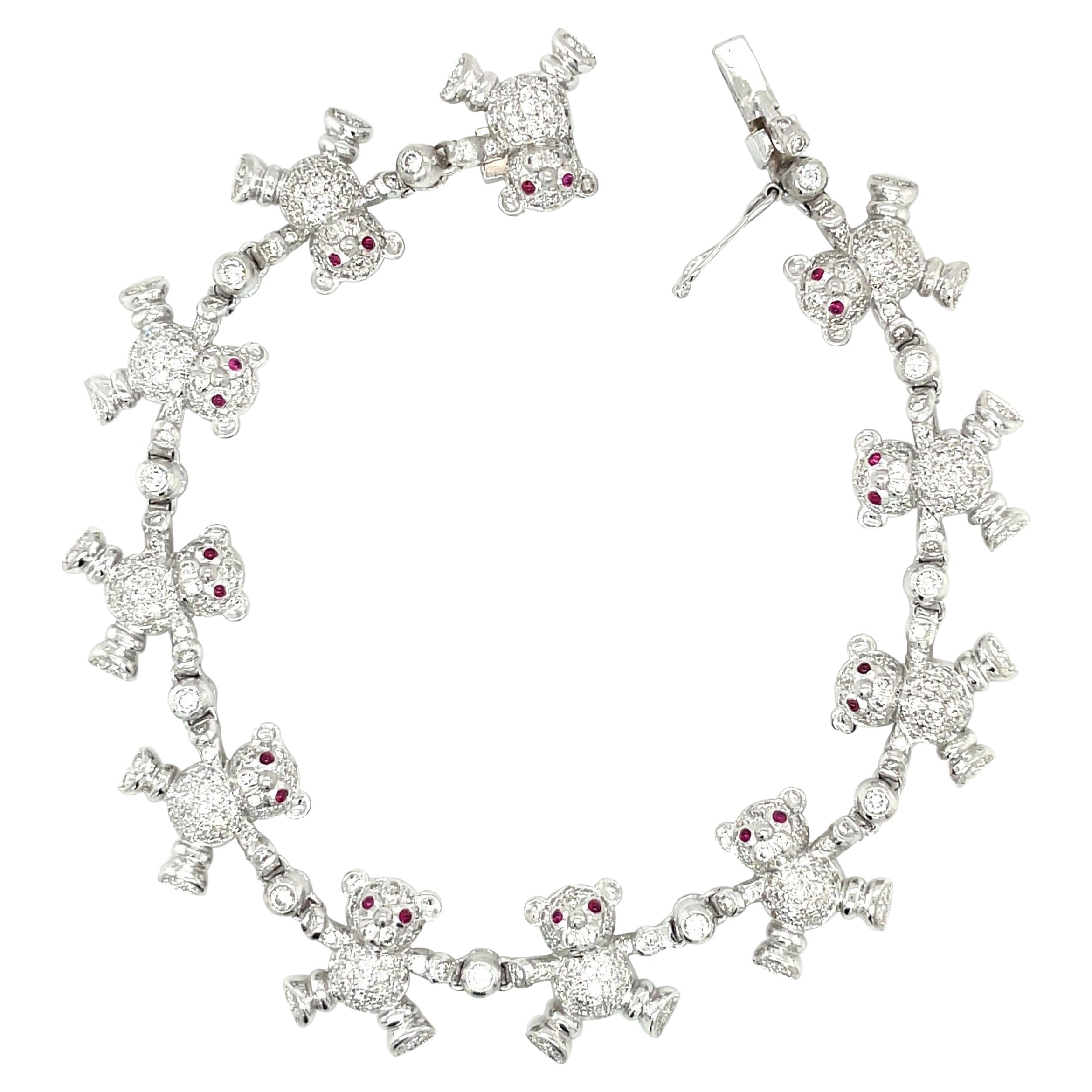 Cellini 18KT WG 3.12Ct Diamond & .60 Ct Ruby Teddy Bear Bracelet