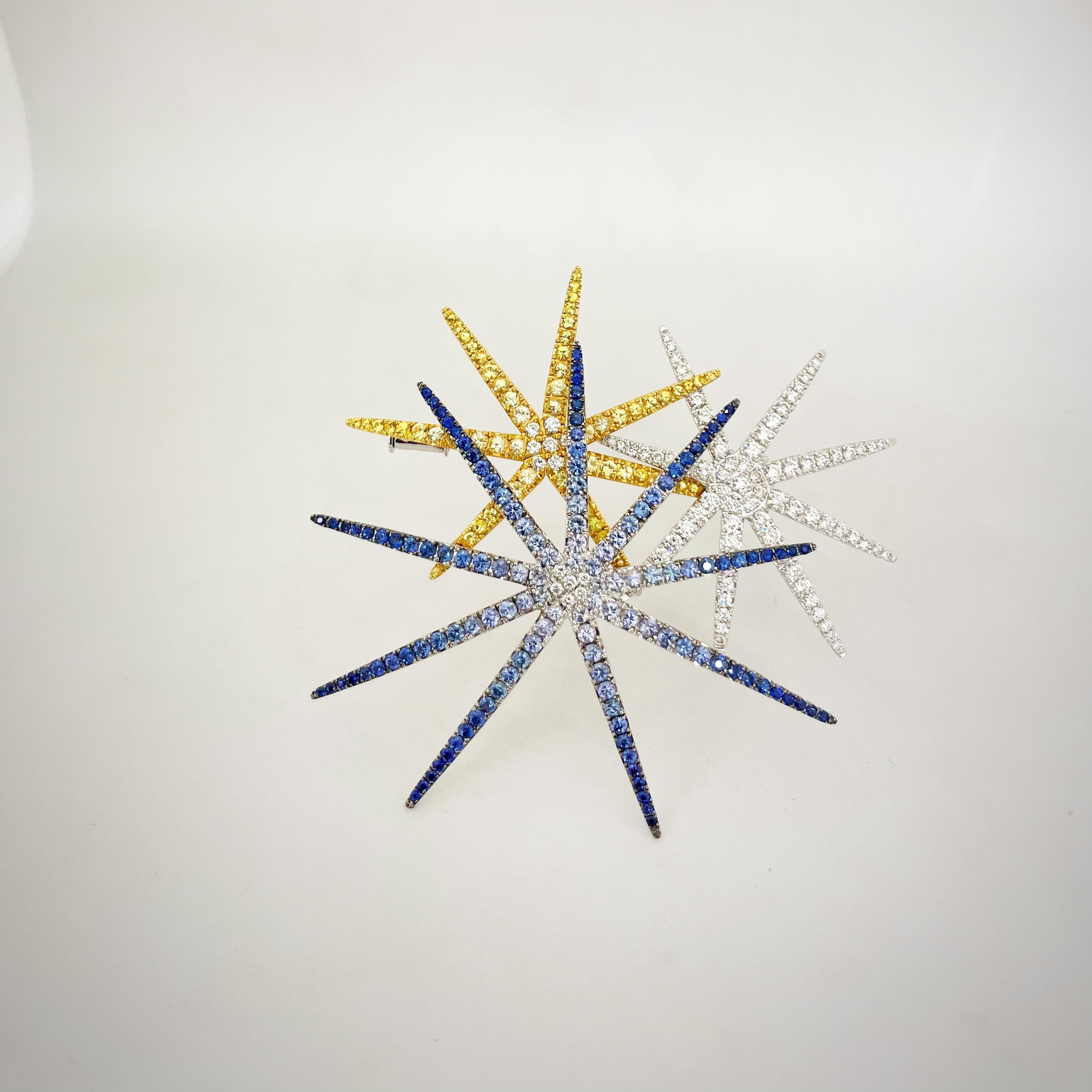 Modern Cellini 18 Karat WG, Fireworks Brooch with Blue & Yellow Sapphires and Diamonds For Sale